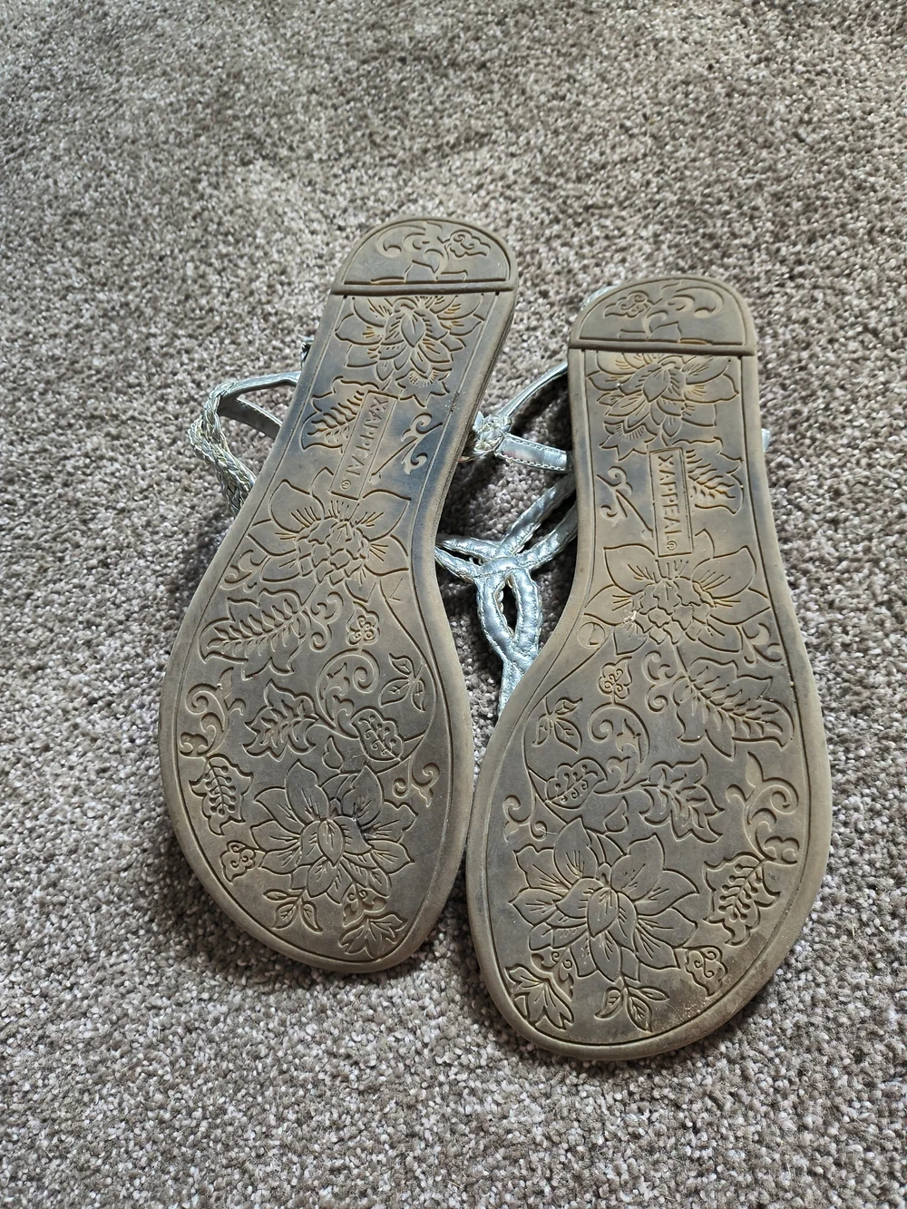 Xappeal Tan Footbed Sandals with Silver Braided T-Strap